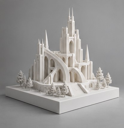 White architectural presentation model with precise printed facade details