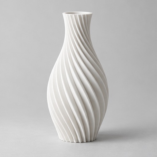 White sculptural ribbed vase with visible 3D printed layers